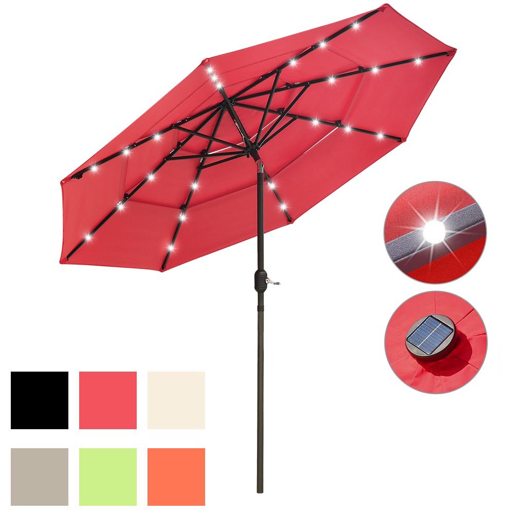 TheLAShop 9 ft 3-Tiered Tilting Patio Umbrella with Lights 8-Rib