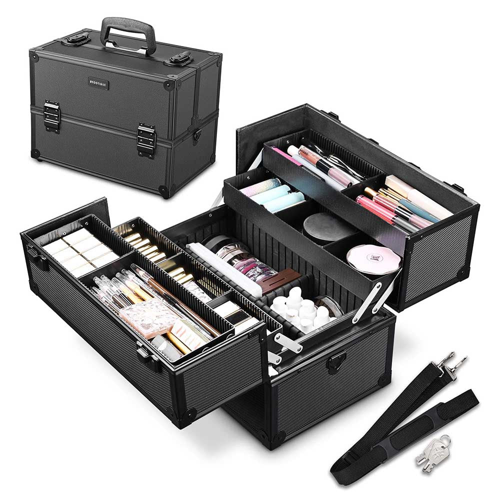 TheLAShop Portable Makeup Train Case w/ Locks Dividers Aluminum 14x8x1