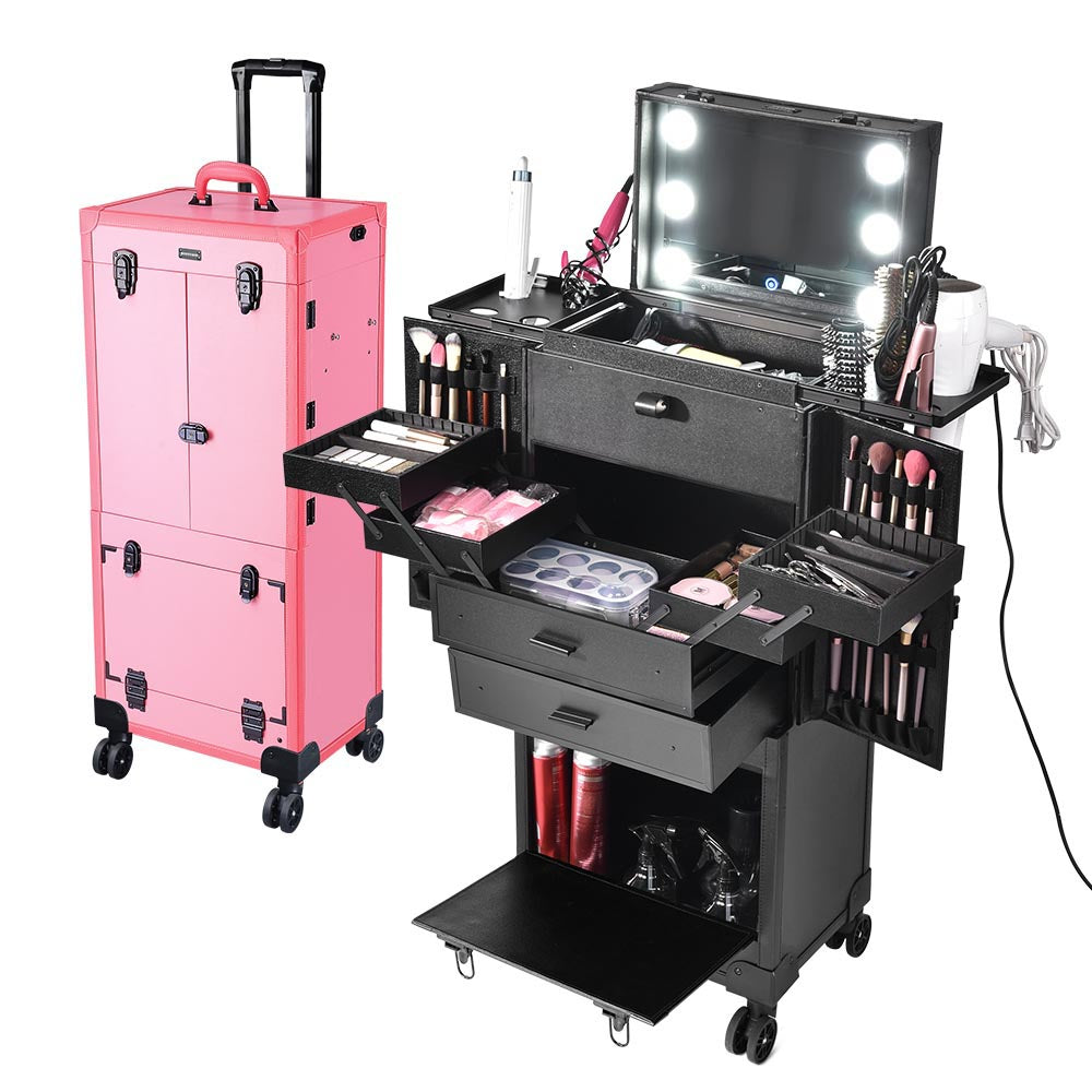 TheLAShop Pro Artist Rolling Makeup Case w/ Tact Switch Lights & Mirro