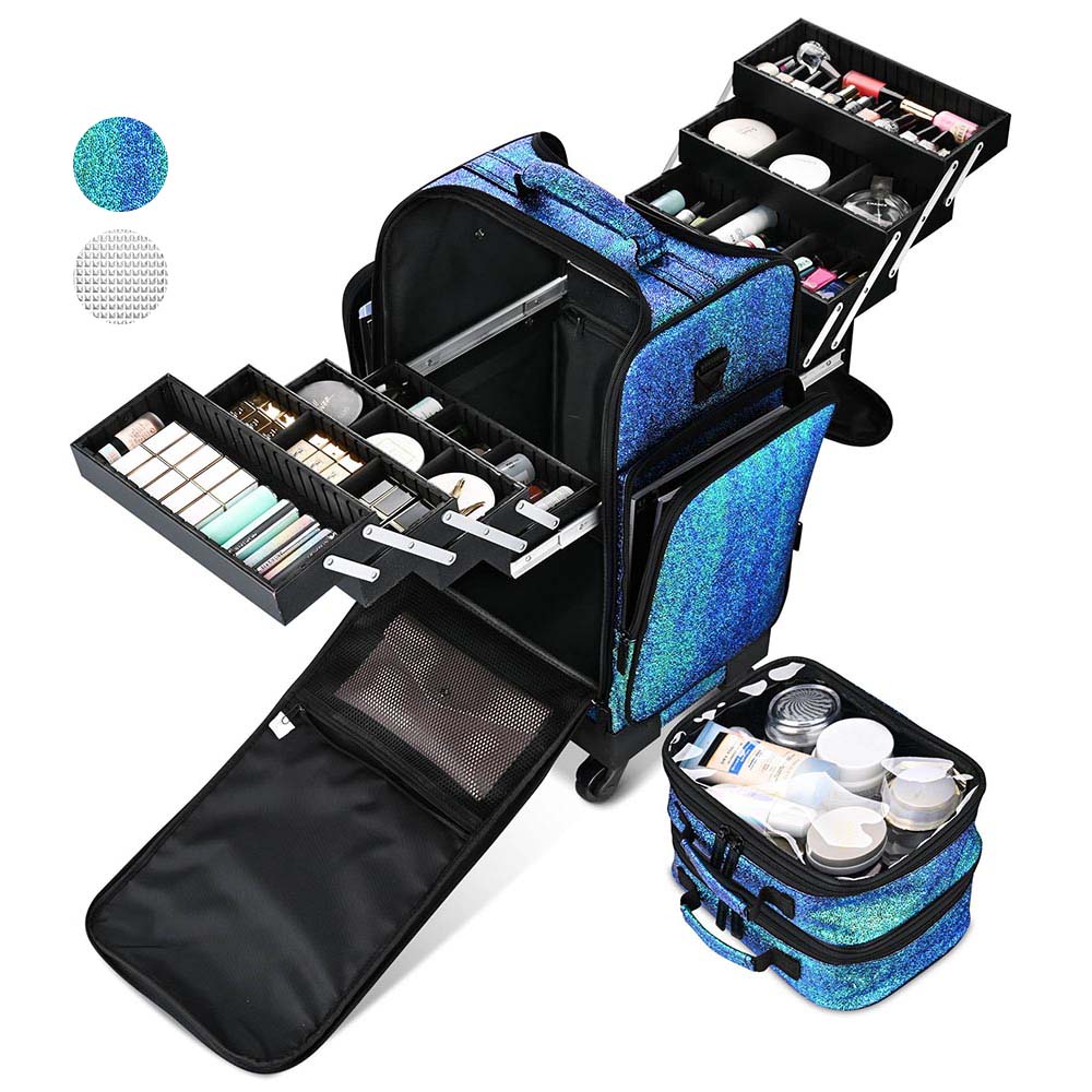 best travel makeup bag professional TheLAShop PU Pro Rolling Makeup Case with Trays(8) & Compartments