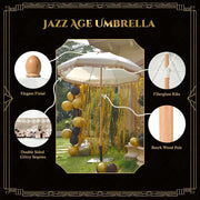 TheLAShop 6 ft 8-Rib Wood Market Umbrella Tilt Fringe Umbrella 5-10yr, Gold Sequin Image