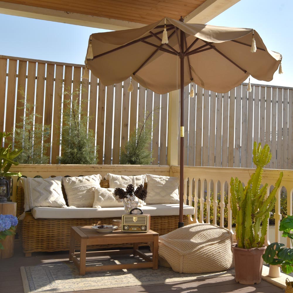 TheLAShop 7 ft 8-Rib Wood Patio Umbrella with Fringe Boho 5-10yr TheLAShop 7 ft 8-Rib Wood Patio Umbrella with Fringe Boho 5-10yr
