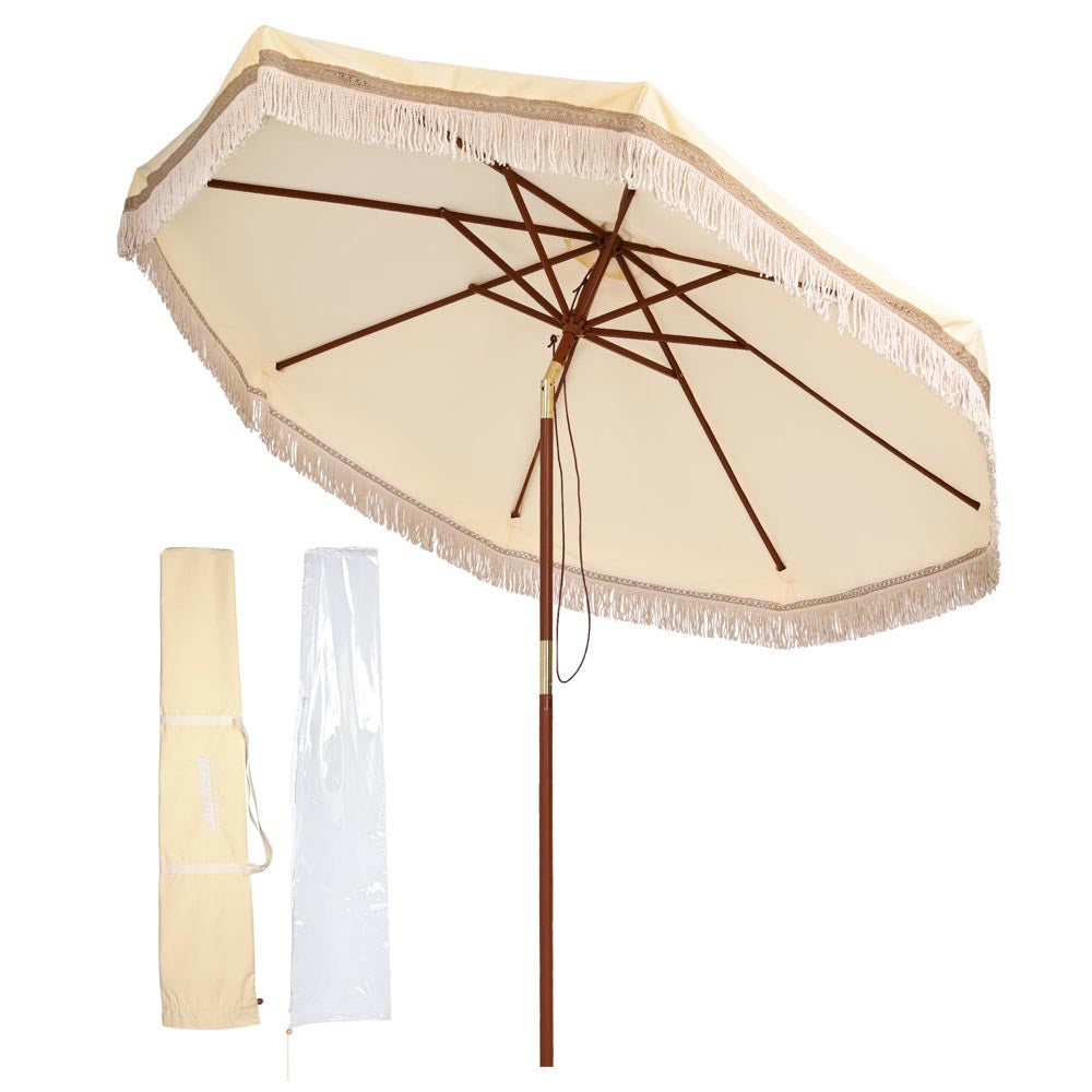 TheLAShop 9ft 8-Rib Wooden Patio Market Umbrella Tilt with Fringe 5-10