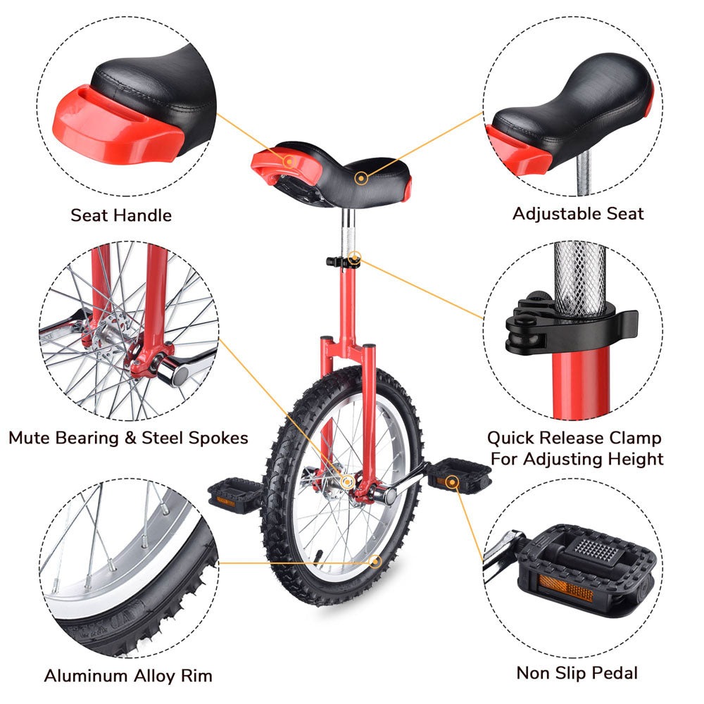 16 Inch Wheel Unicycle - Adjustable Height (26-31"), Anti-Slip Tire, Steel Frame For Balance Training & Fitness