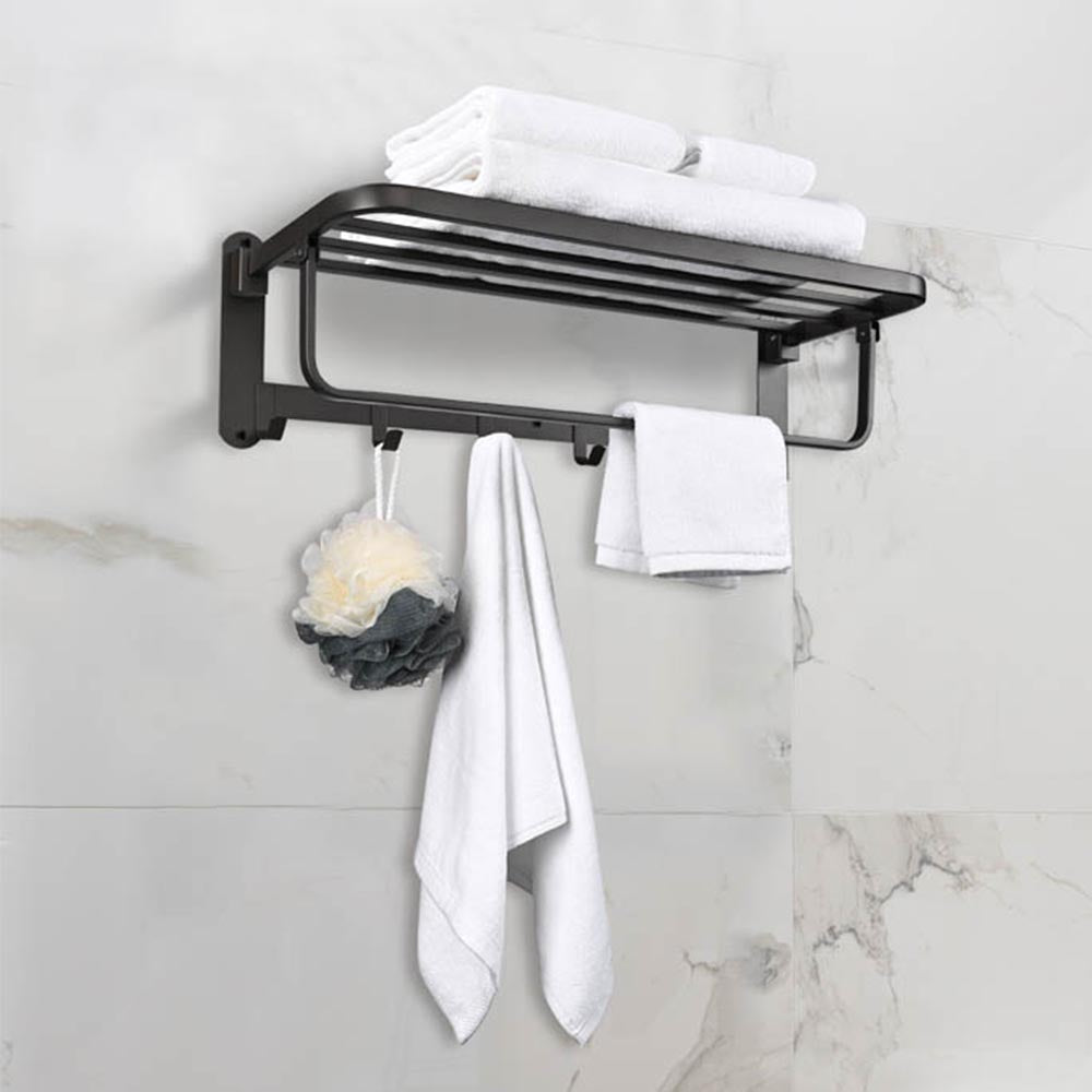 2-Tier Wall Mounted Towel Rack Bathroom Organizer Storage Stand w/ Shelf &  Hooks