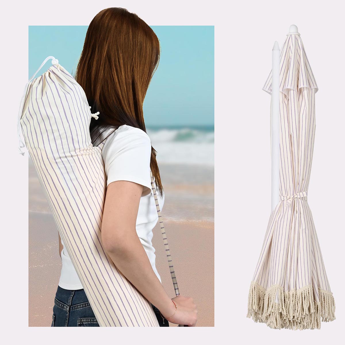 TheLAShop 6ft Outdoor Beach Umbrella Tilt with Fringe Sand Anchor