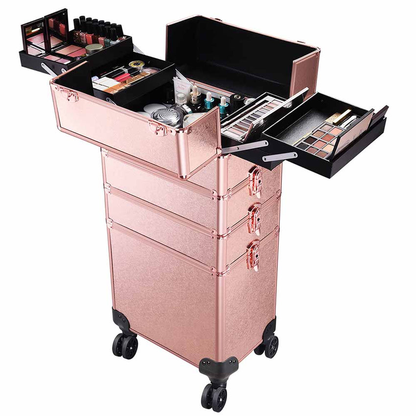 TheLAShop Rose Gold Rolling Makeup Case on Wheels Lockable 4 in 1 ...