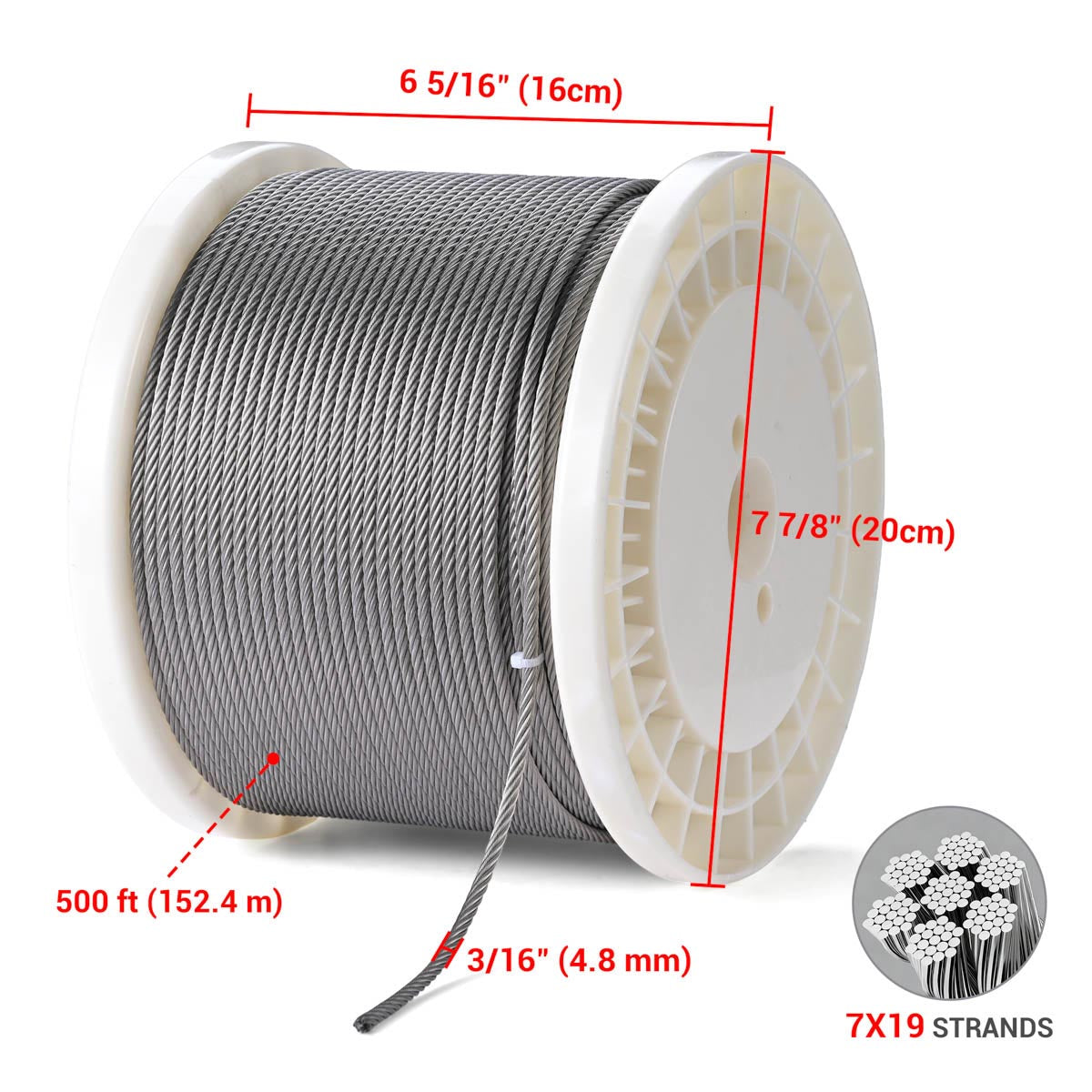 TheLAShop T316 Stainless Steel Cable 7x19 D3/16