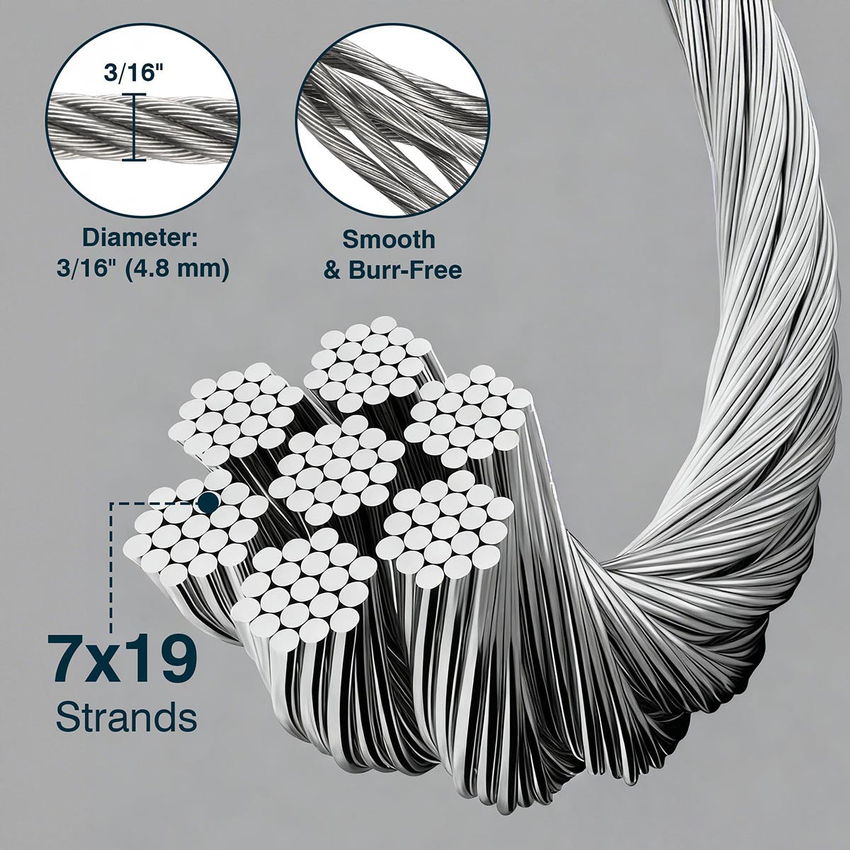 TheLAShop T316 Stainless Steel Cable 7x19 D3/16