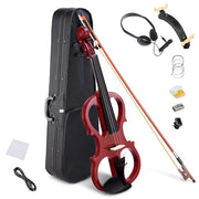 TheLAShop 4/4 Full Size Maple Silent Electric Violin Headphone Set w/ Case, Red Image