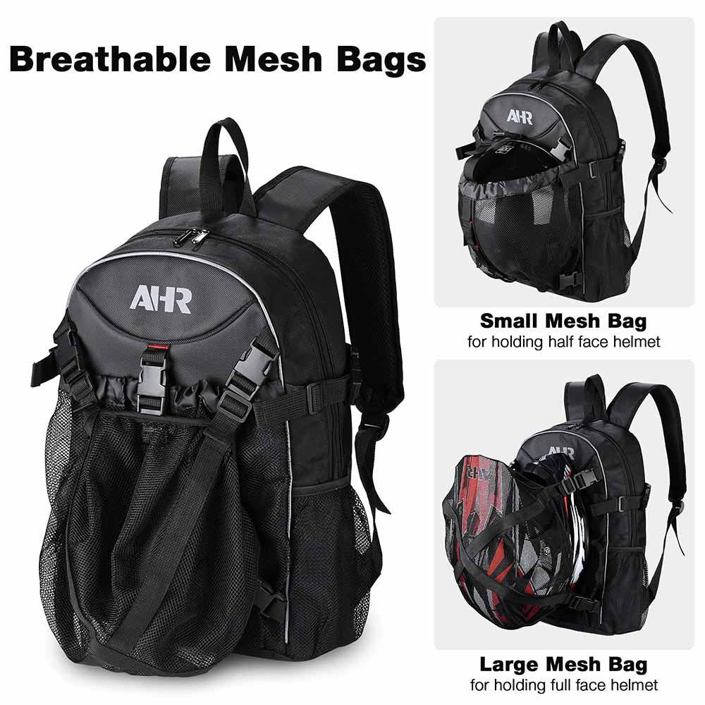 bike helmet clipped to backpack TheLAShop Motorcycle Backpack with Helmet Holder Large Capacity