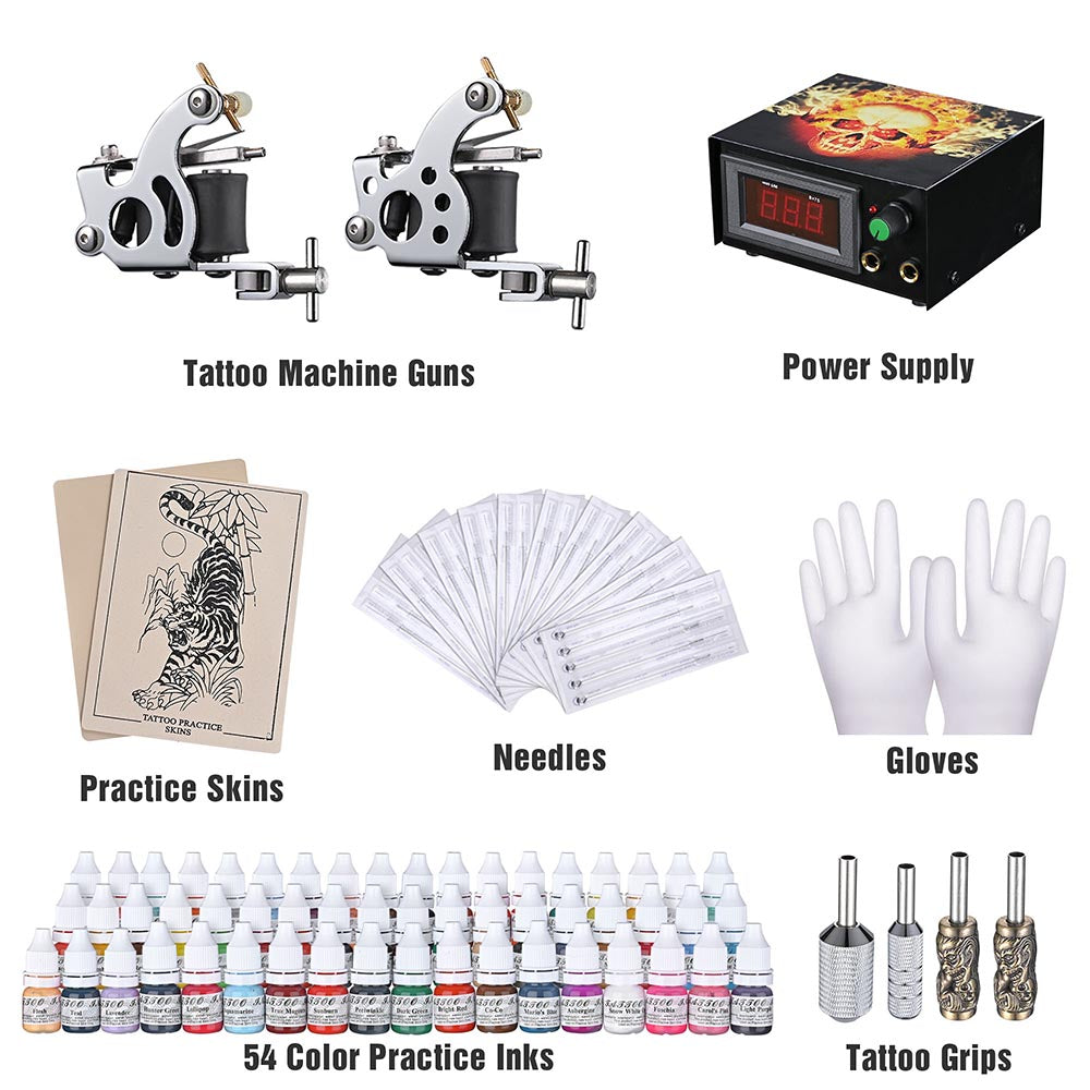 TheLAShop Tattoo Kit 2 Machines LCD Power Supply 54 Color Inks w/ Case