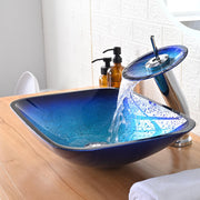 TheLAShop Blue Glass Vessel Sink & Watefall Faucet Set 20x15 in Image