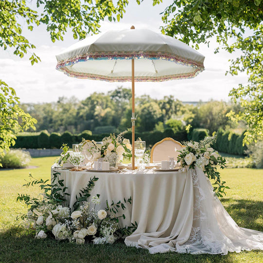 TheLAShop 6 ft 8-Rib Wood Market Umbrella Tilt Fringe Umbrella 5-10yr