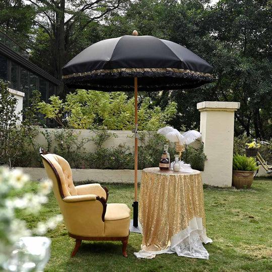 TheLAShop 6 ft 8-Rib Wood Market Umbrella Tilt Fringe Umbrella 5-10yr