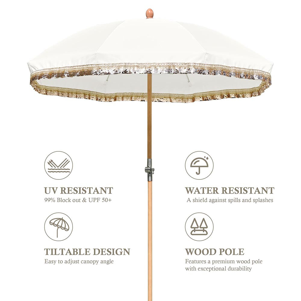 TheLAShop 6 ft 8-Rib Wood Market Umbrella Tilt Fringe Umbrella 5-10yr