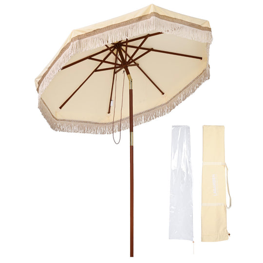 TheLAShop 7 ft 8-Rib Wood Patio Umbrella with Fringe Boho 5-10yr