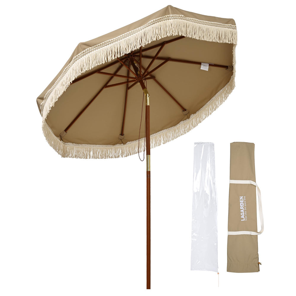 TheLAShop 7 ft 8-Rib Wood Patio Umbrella with Fringe Boho 5-10yr TheLAShop 7 ft 8-Rib Wood Patio Umbrella with Fringe Boho 5-10yr