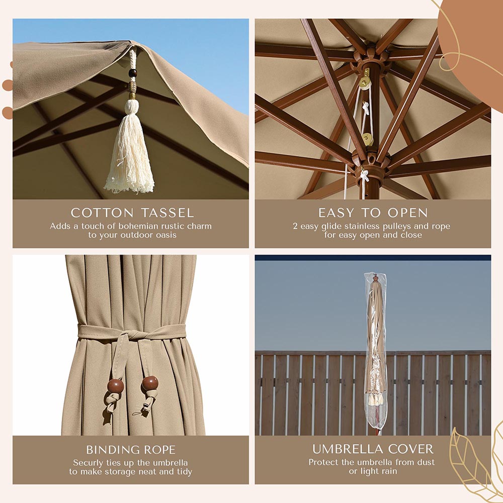 bohemian patio outdoor umbrellas TheLAShop 7 ft 8-Rib Wood Patio Umbrella with Fringe Boho 5-10yr