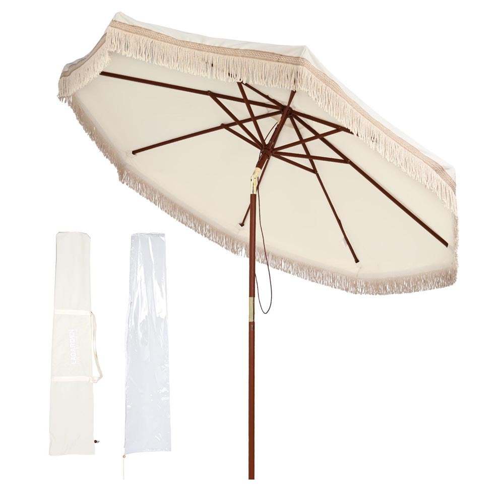 TheLAShop 9ft 8-Rib Wooden Patio Market Umbrella Tilt with Fringe 5-10yr