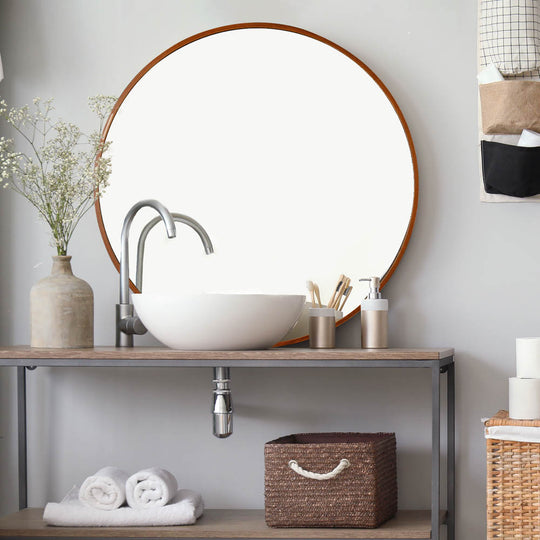 TheLAShop Framed Bathroom Mirror Wall Round Wood-Texture